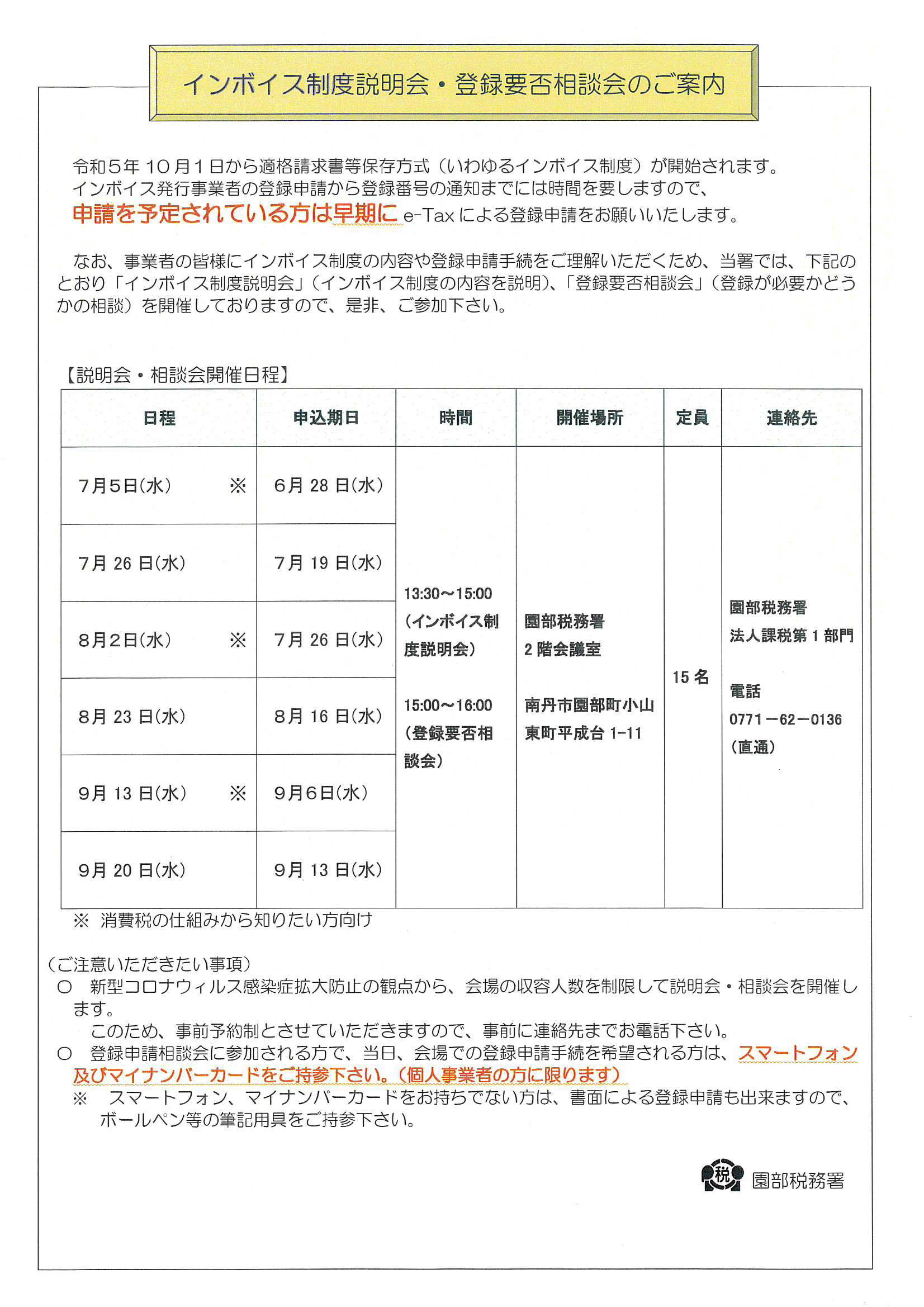 インボイス制度説明会・登録要否相談会（R5.7月～）